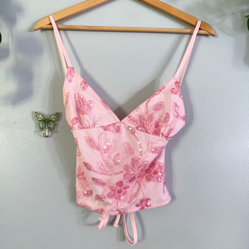 Edikted Crop Top Sequin Beaded Festival Pink Floral Mesh Tie Back Cami Wmns S